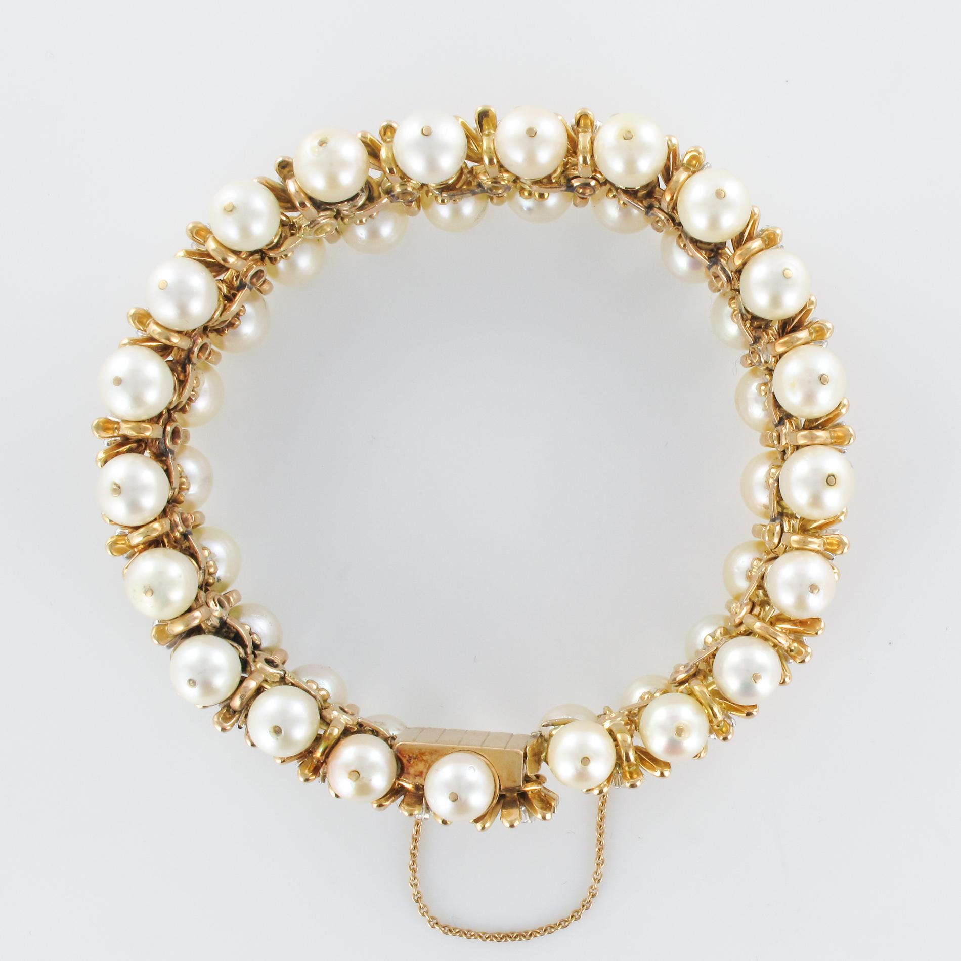 1960s Japanese Cultured Pearl Diamond Yellow Gold Bracelet 6