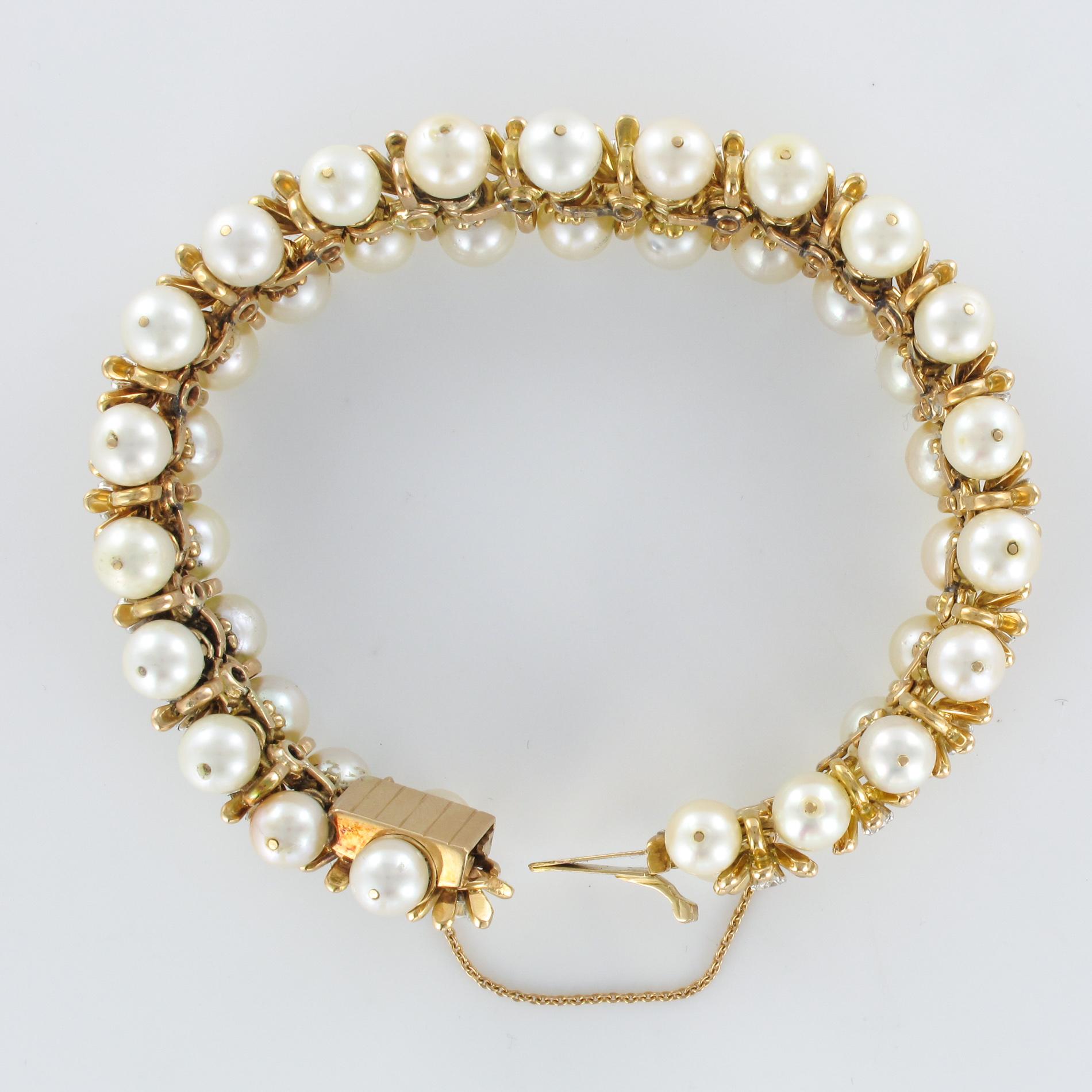 1960s Japanese Cultured Pearl Diamond Yellow Gold Bracelet 7