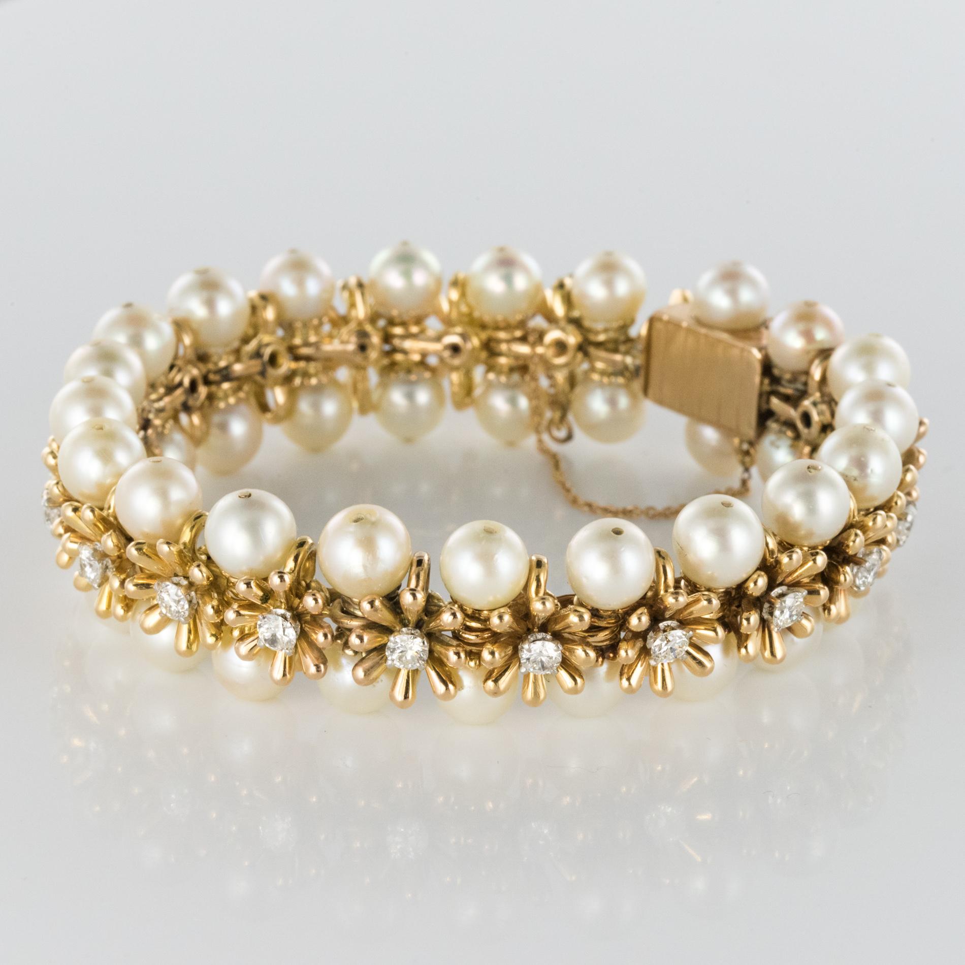Retro 1960s Japanese Cultured Pearl Diamond Yellow Gold Bracelet