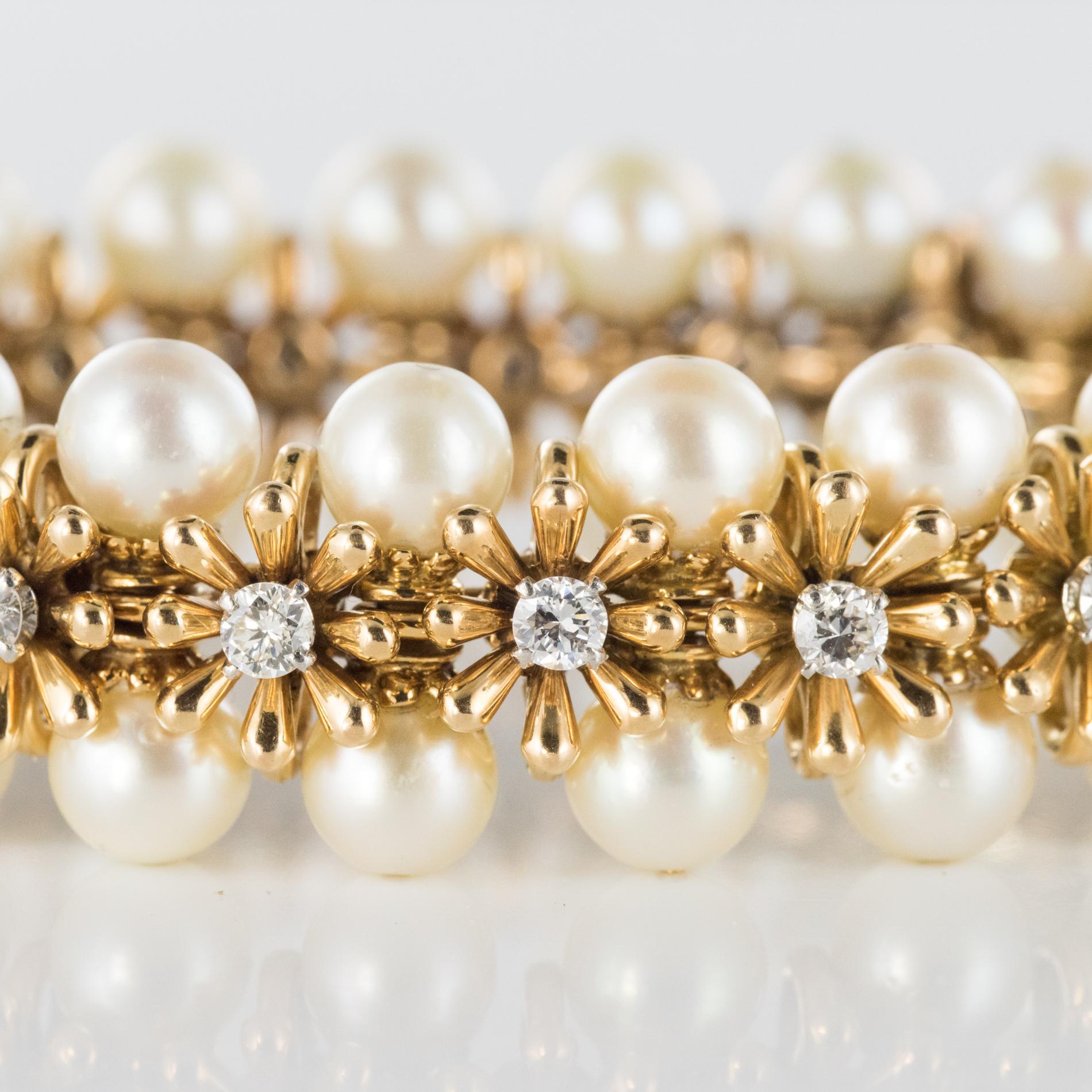 Women's 1960s Japanese Cultured Pearl Diamond Yellow Gold Bracelet