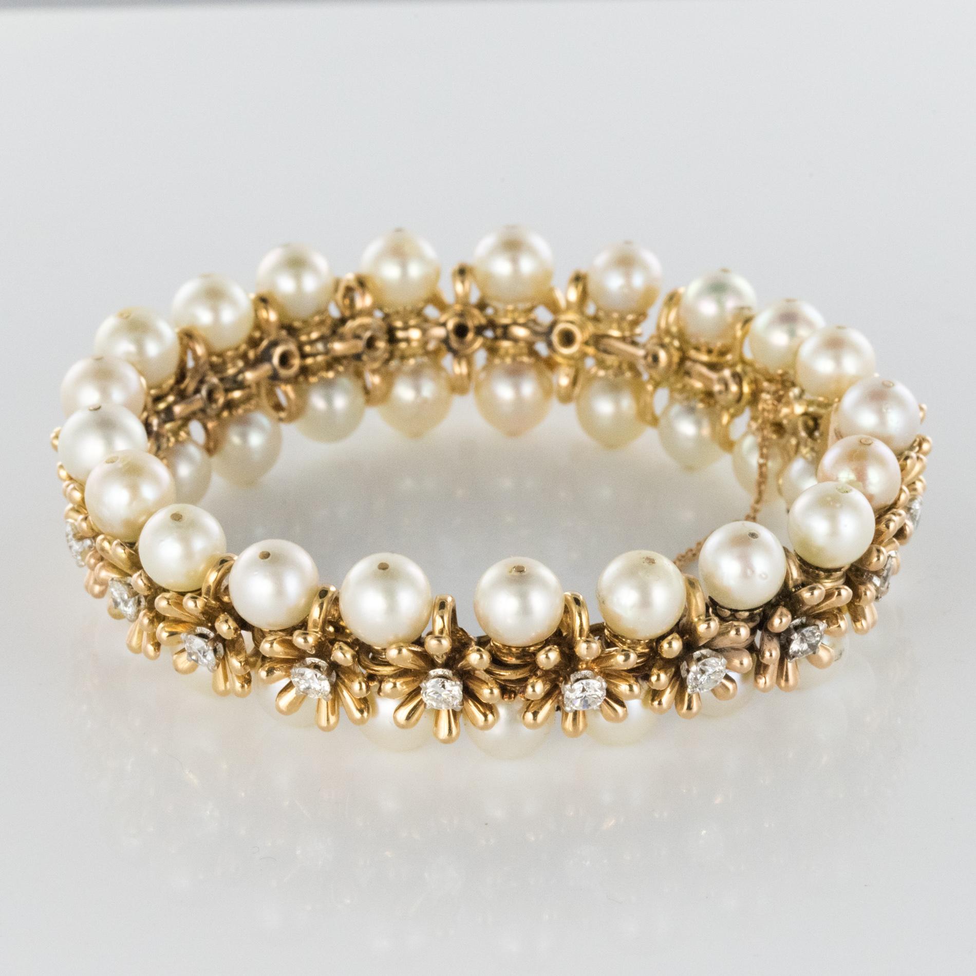 1960s Japanese Cultured Pearl Diamond Yellow Gold Bracelet 2