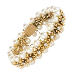 Vintage 1960s Japanese Cultured Pearl Diamond Yellow Gold Bracelet
