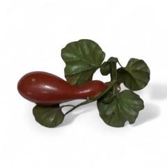 1960s Japanese Eggplant / Gourd & Bird Painted Bronze Okimono / Sculpture Tole