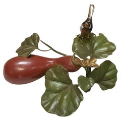 1960s Japanese Eggplant / Gourd & Bird Painted Bronze Okimono / Sculpture Tole
