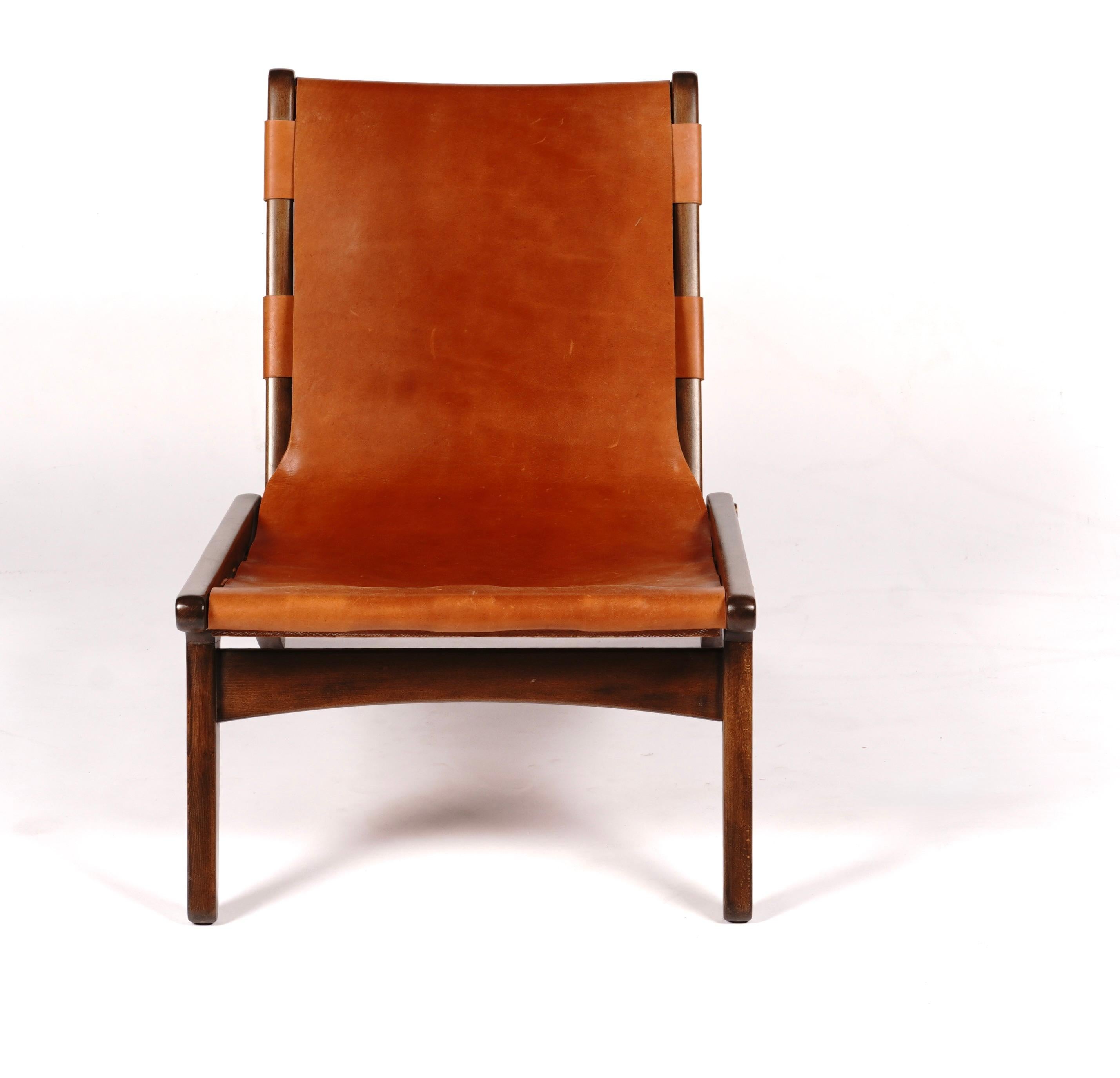 Sedia da salotto giapponese Foldes degli anni '60 in pelle e Wood In condizioni buone a Oakland, CA