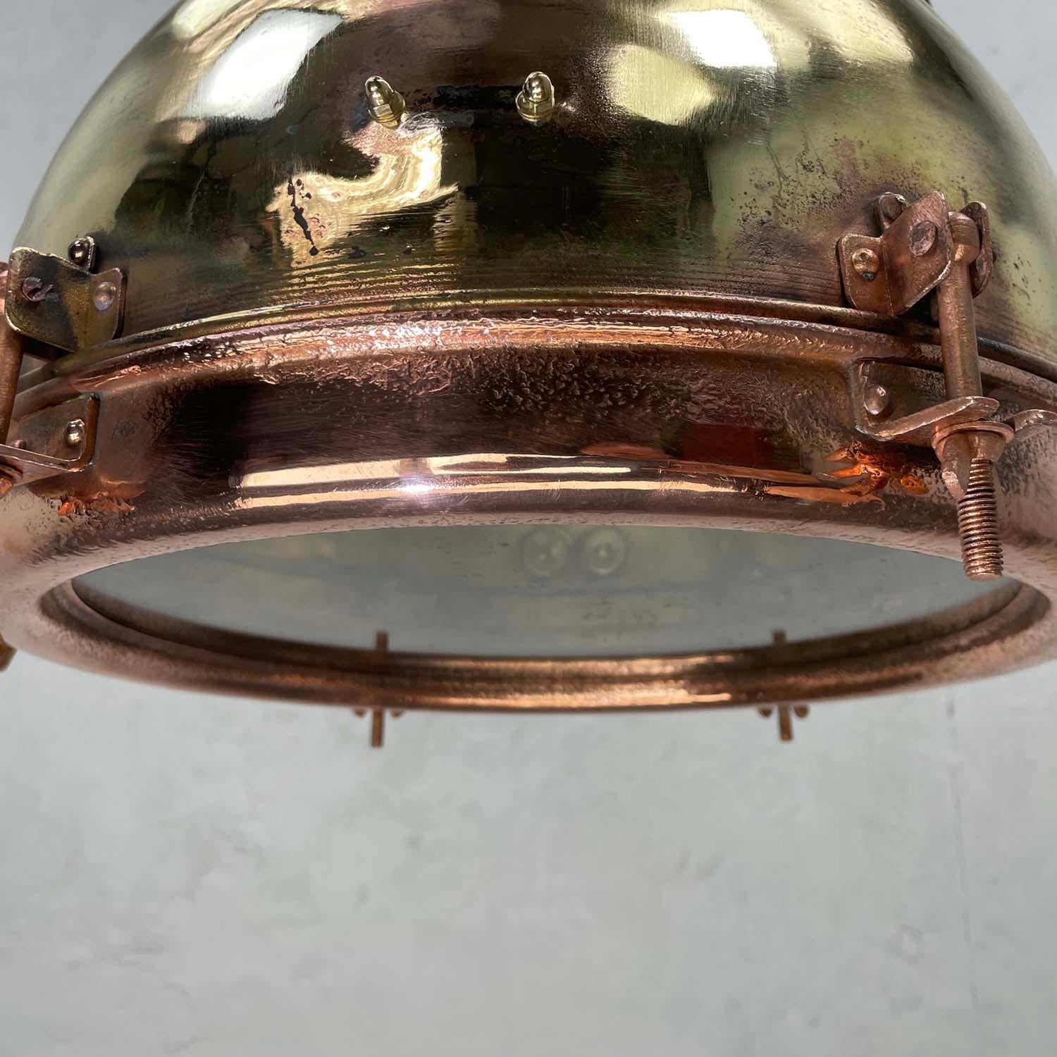 1960s Japanese Industrial Brass, Copper and Glass Dome Pendant Light For Sale 2