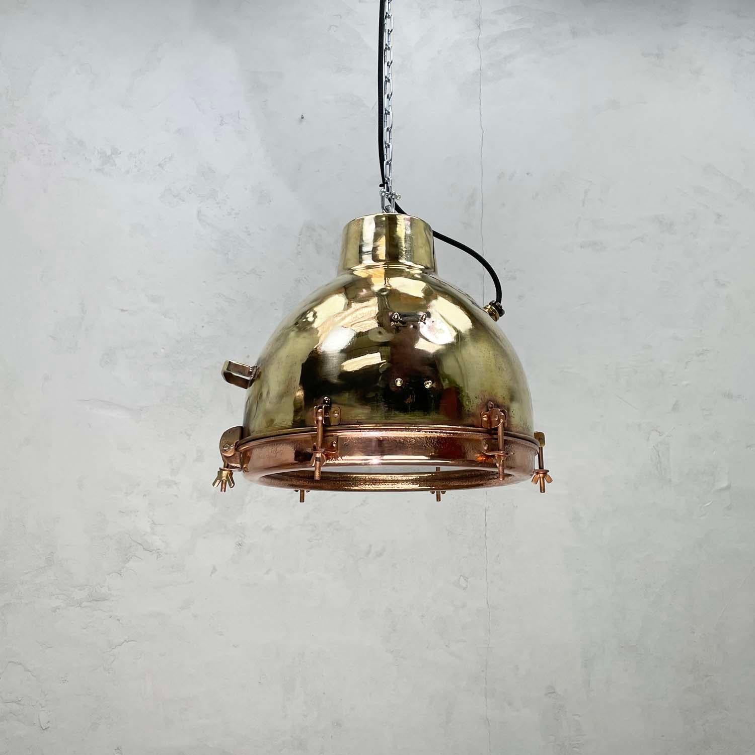 1960s Japanese Industrial Brass, Copper and Glass Dome Pendant Light For Sale 4