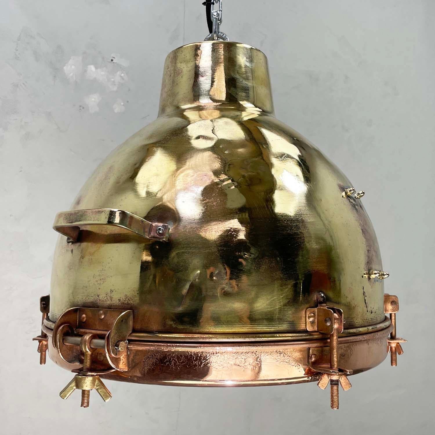 Pressed 1960s Japanese Industrial Brass, Copper and Glass Dome Pendant Light For Sale