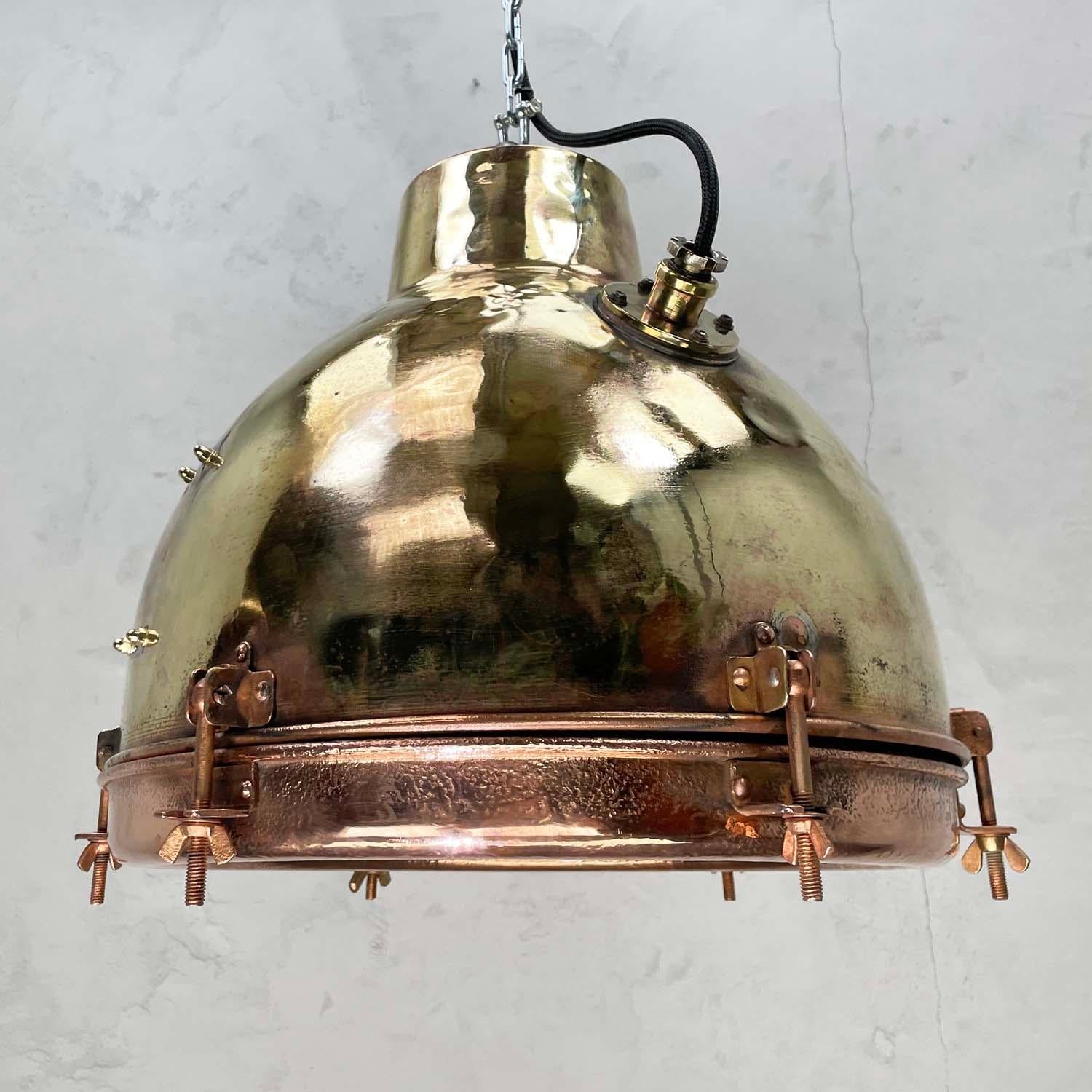 1960s Japanese Industrial Brass, Copper and Glass Dome Pendant Light In Good Condition For Sale In Leicester, Leicestershire