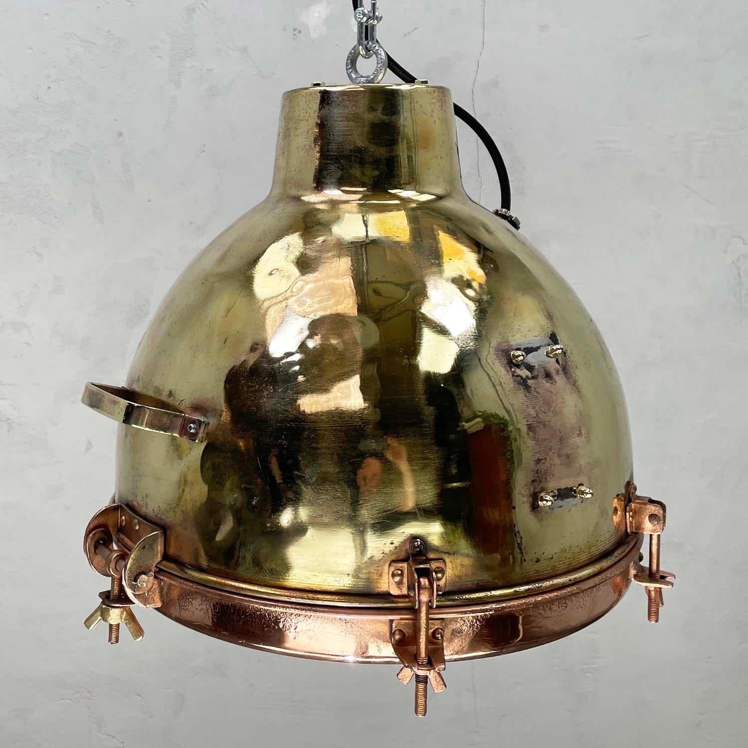 Mid-20th Century 1960s Japanese Industrial Brass, Copper and Glass Dome Pendant Light For Sale
