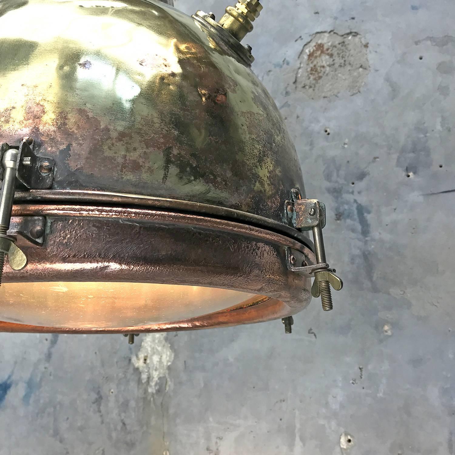 1960s Japanese Industrial Brass, Copper and Convex Glass Dome Pendant Light 4