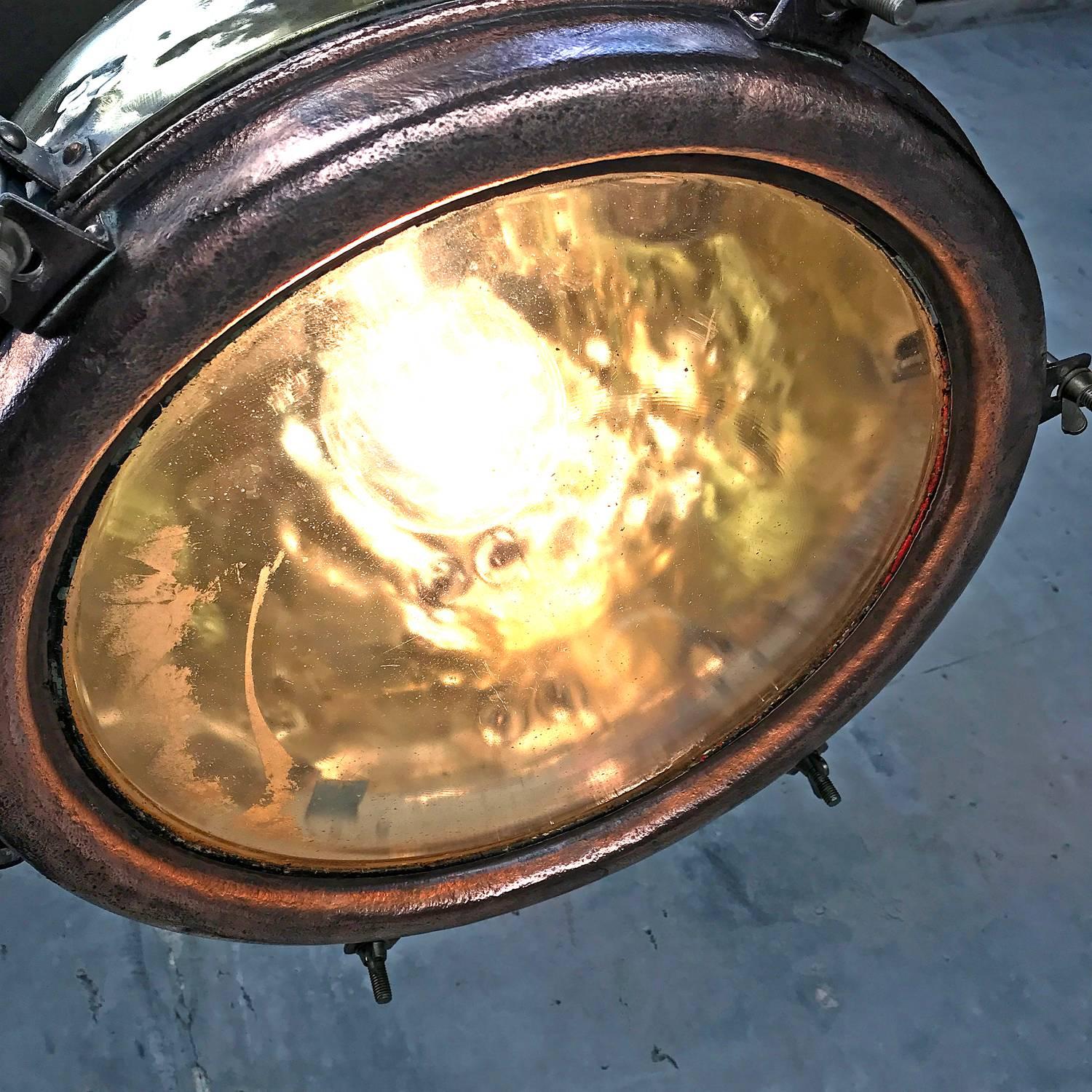 1960s Japanese Industrial Brass, Copper and Convex Glass Dome Pendant Light 7