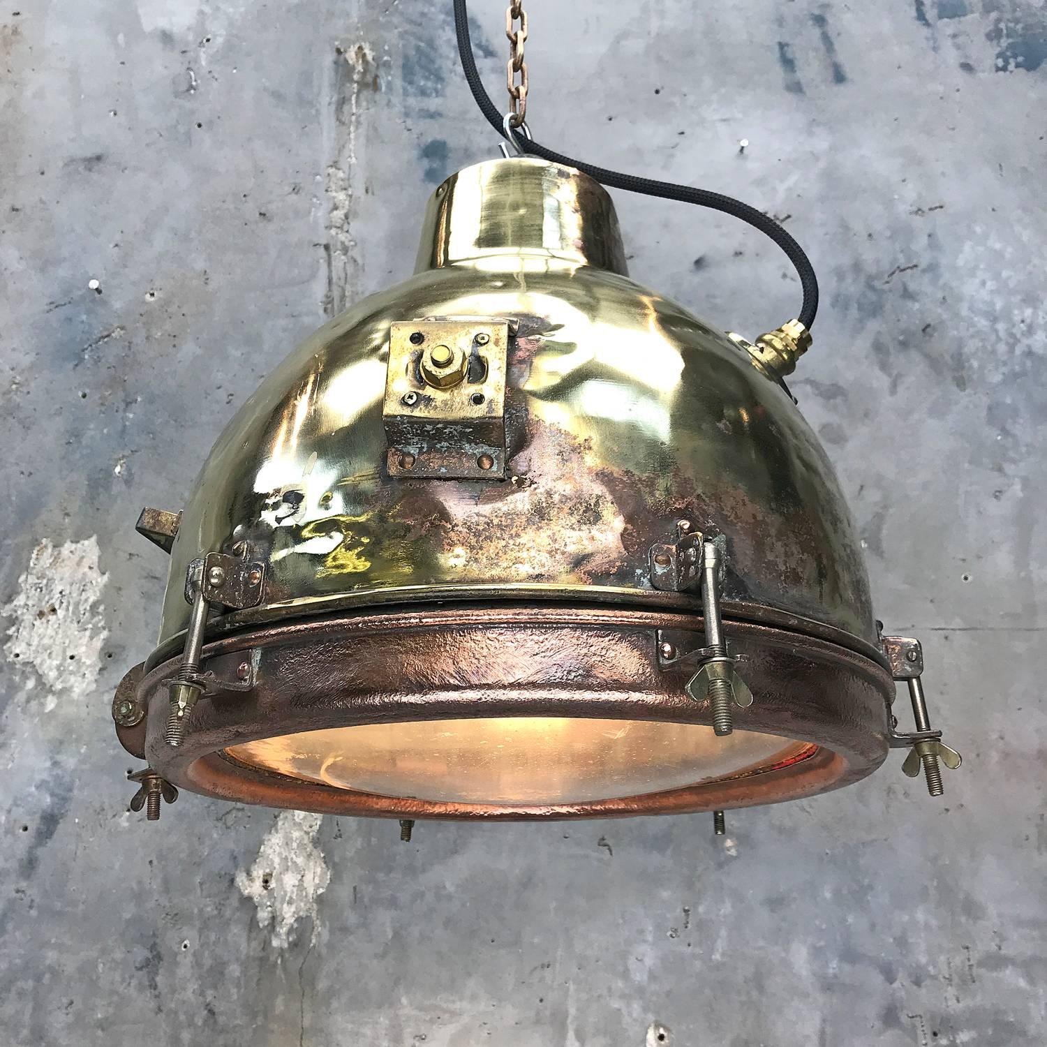 1960s Japanese Industrial Brass, Copper and Convex Glass Dome Pendant Light 8
