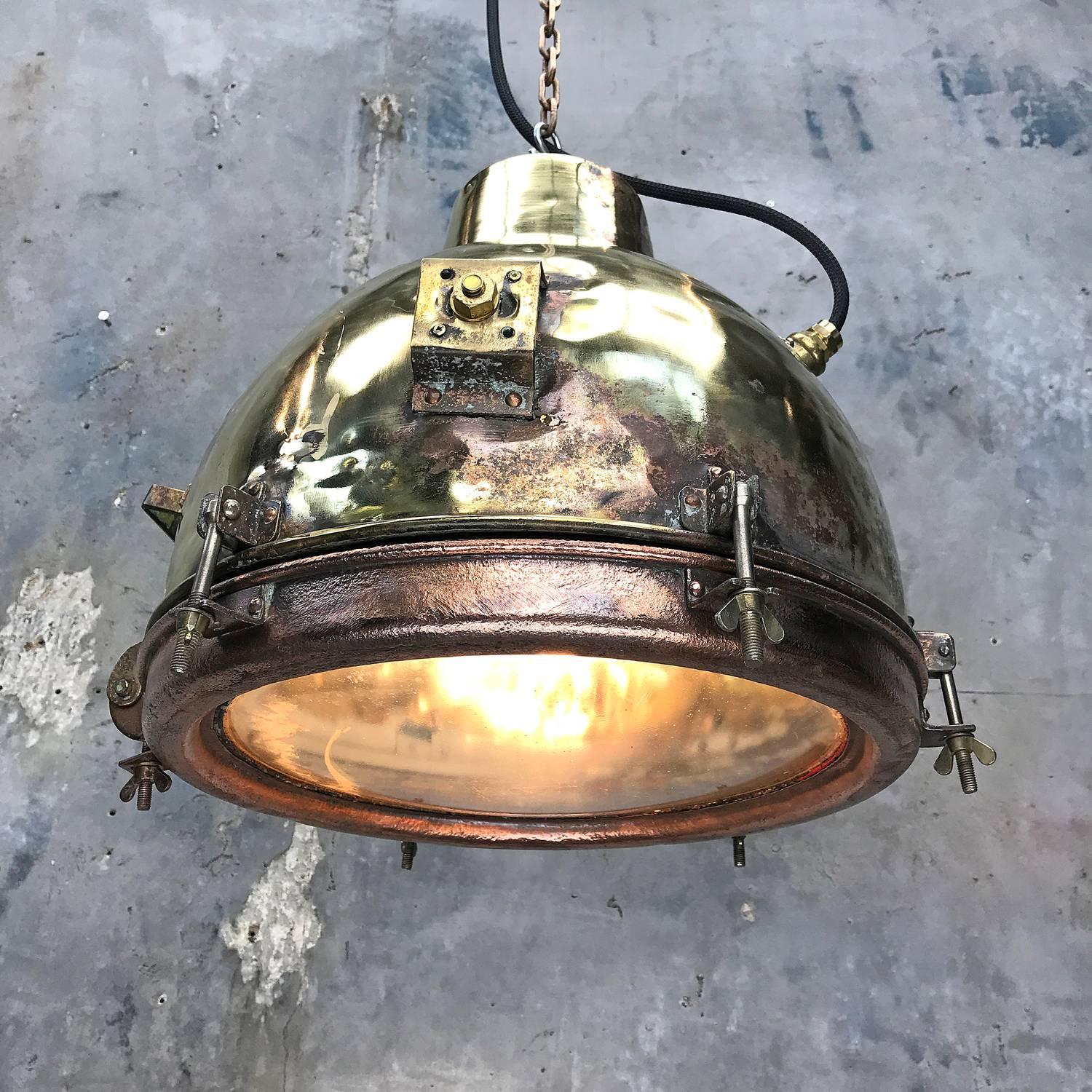 1960s Japanese Industrial Brass, Copper and Convex Glass Dome Pendant Light 9