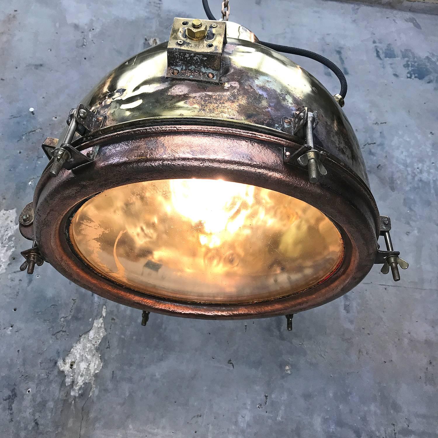 1960s Japanese Industrial Brass, Copper and Convex Glass Dome Pendant Light 10