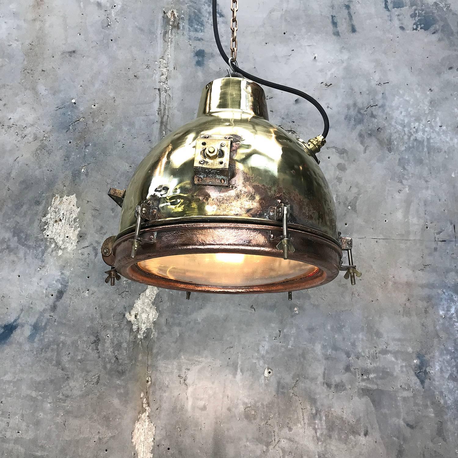 1960s Japanese Industrial Brass, Copper and Convex Glass Dome Pendant Light 11