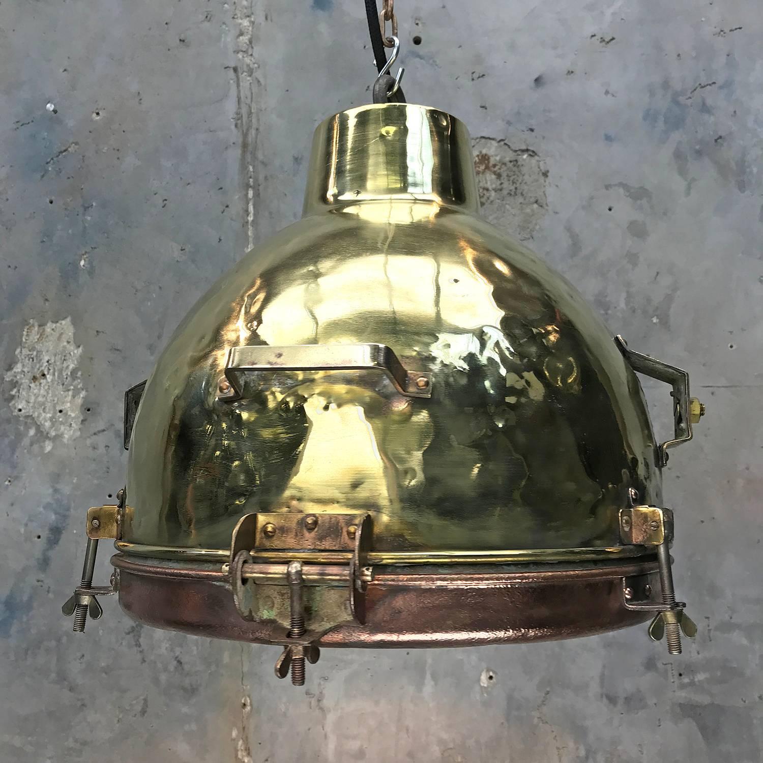 1960s Japanese Industrial Brass, Copper and Convex Glass Dome Pendant Light 12