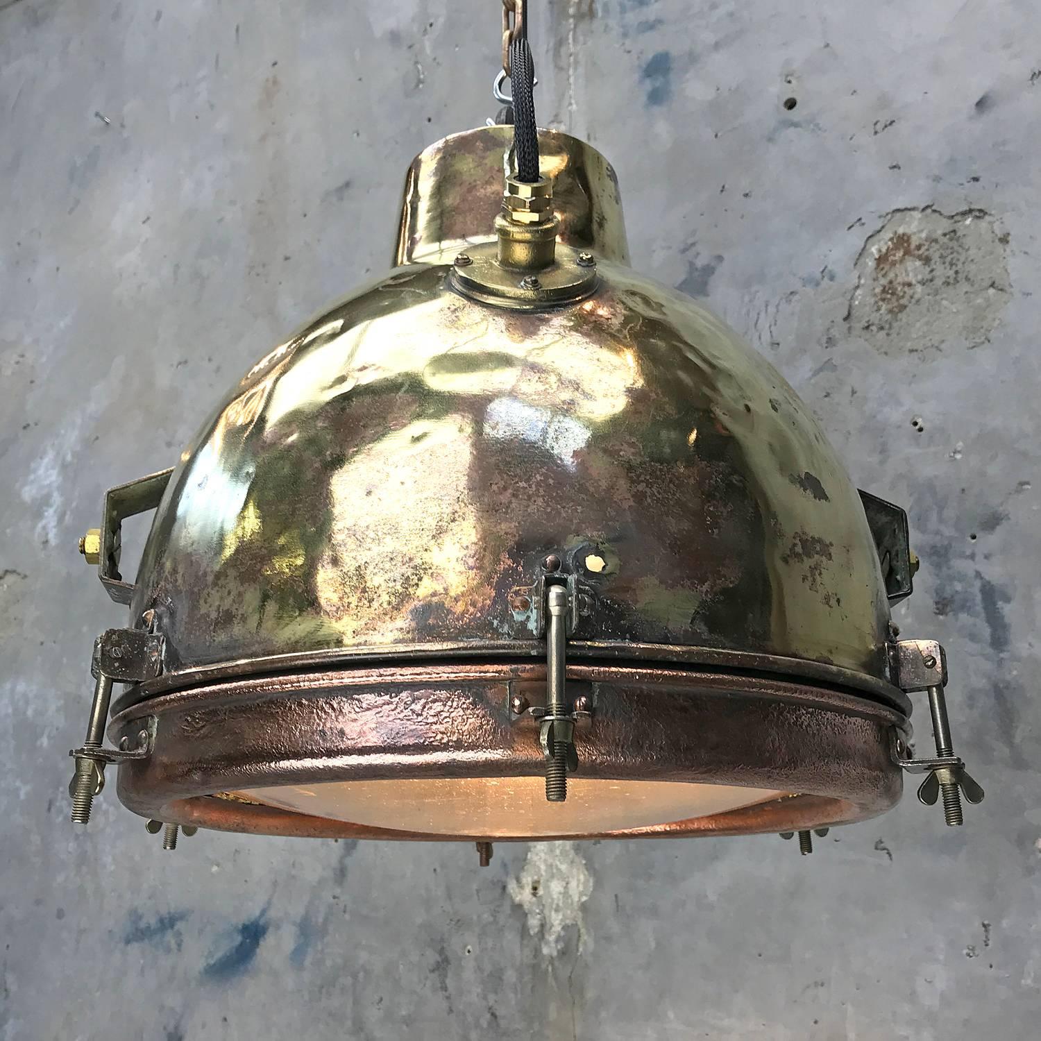 1960s Japanese Industrial Brass, Copper and Convex Glass Dome Pendant Light 13