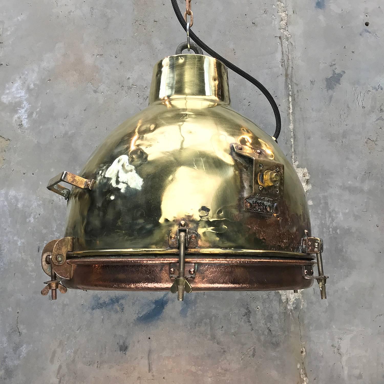 Cast 1960s Japanese Industrial Brass, Copper and Convex Glass Dome Pendant Light
