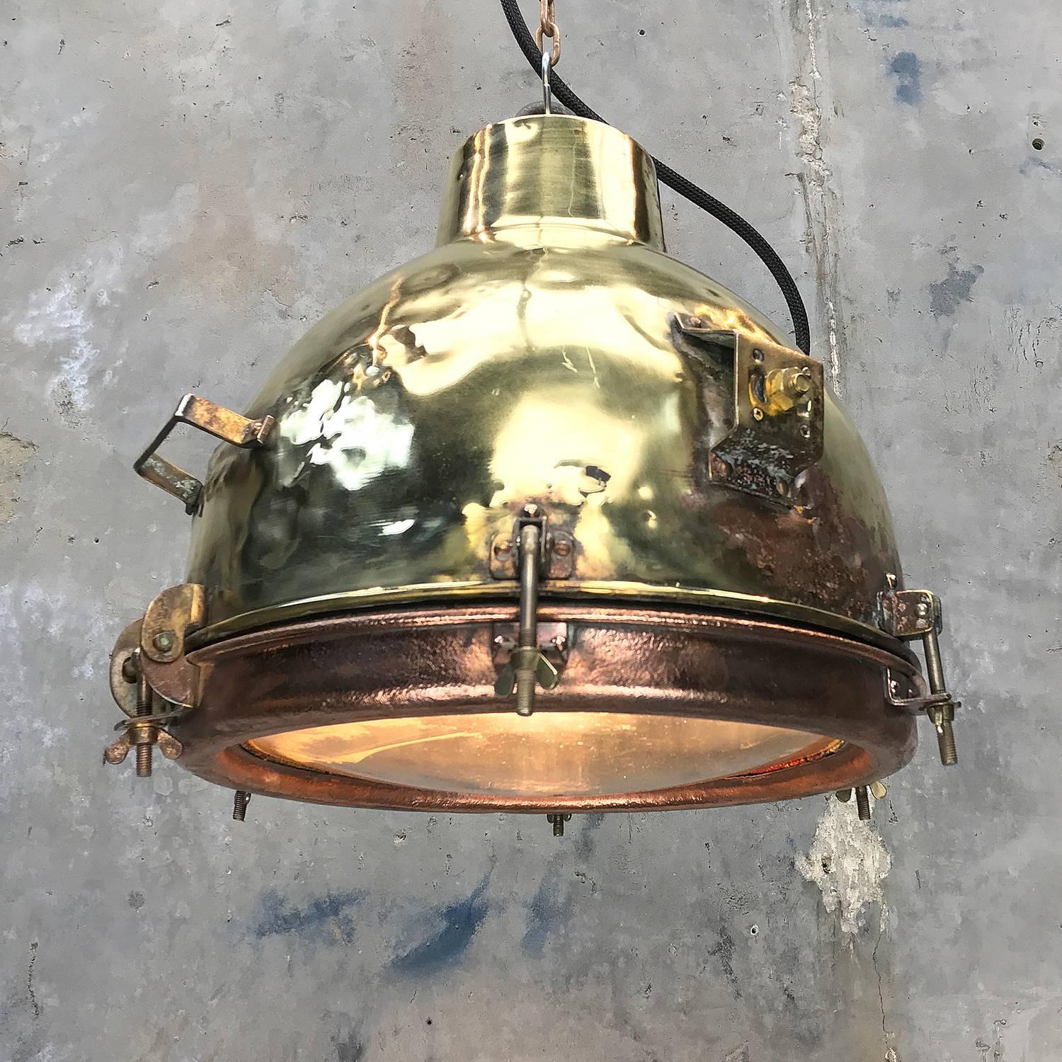 1960s Japanese Industrial Brass, Copper and Convex Glass Dome Pendant Light In Good Condition In Leicester, Leicestershire