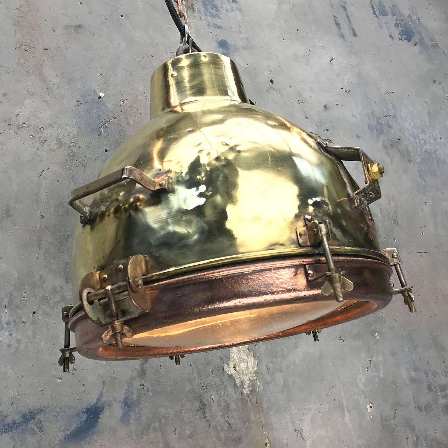 Mid-20th Century 1960s Japanese Industrial Brass, Copper and Convex Glass Dome Pendant Light