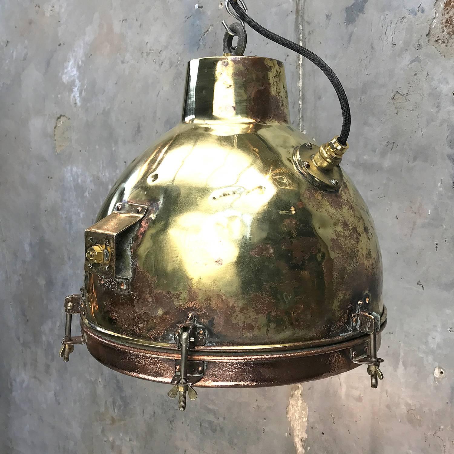 1960s Japanese Industrial Brass, Copper and Convex Glass Dome Pendant Light 1