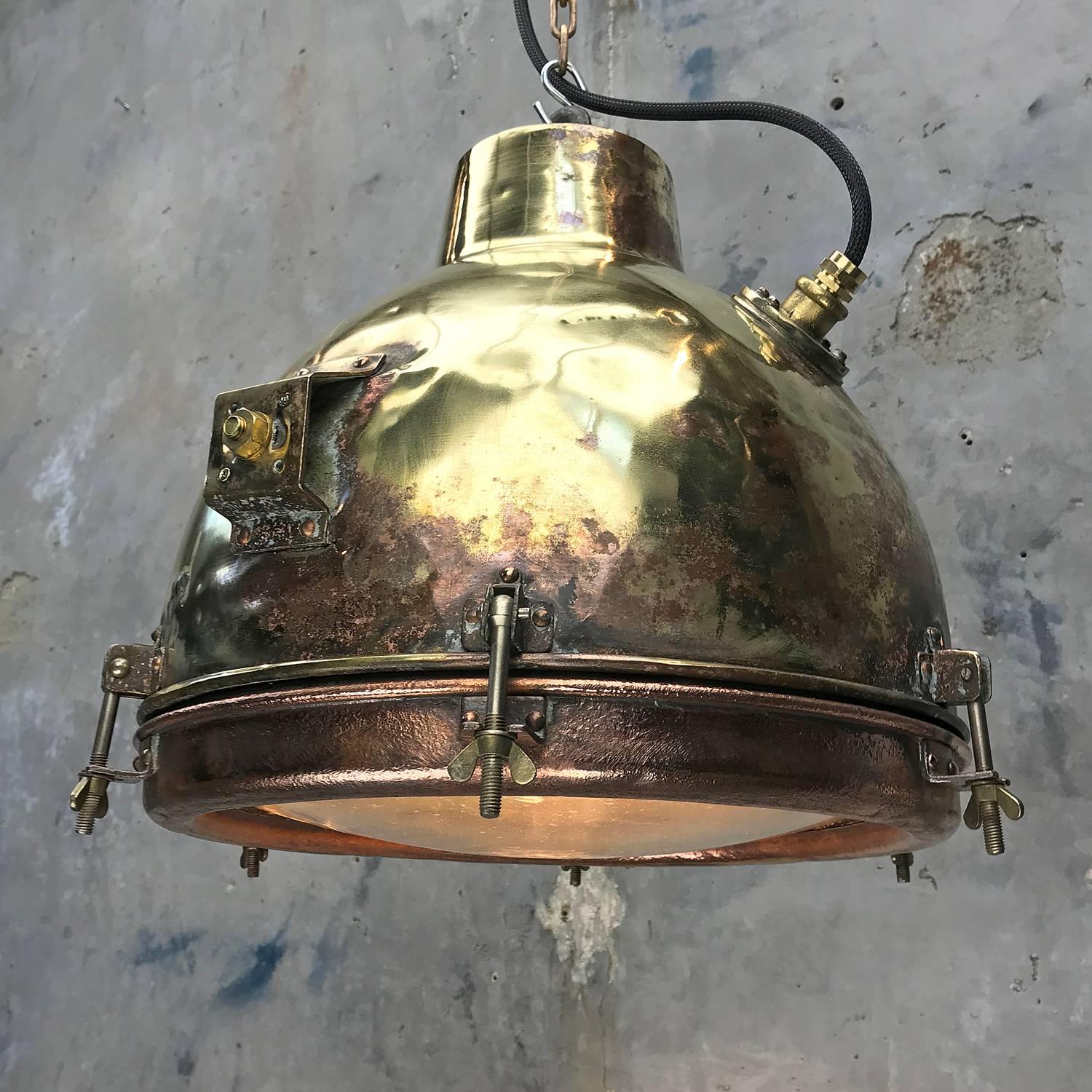 1960s Japanese Industrial Brass, Copper and Convex Glass Dome Pendant Light 2