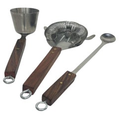 1960s Japanese Fancy Modern Cocktail Bar Tool Set Stainless Steel & Rosewood