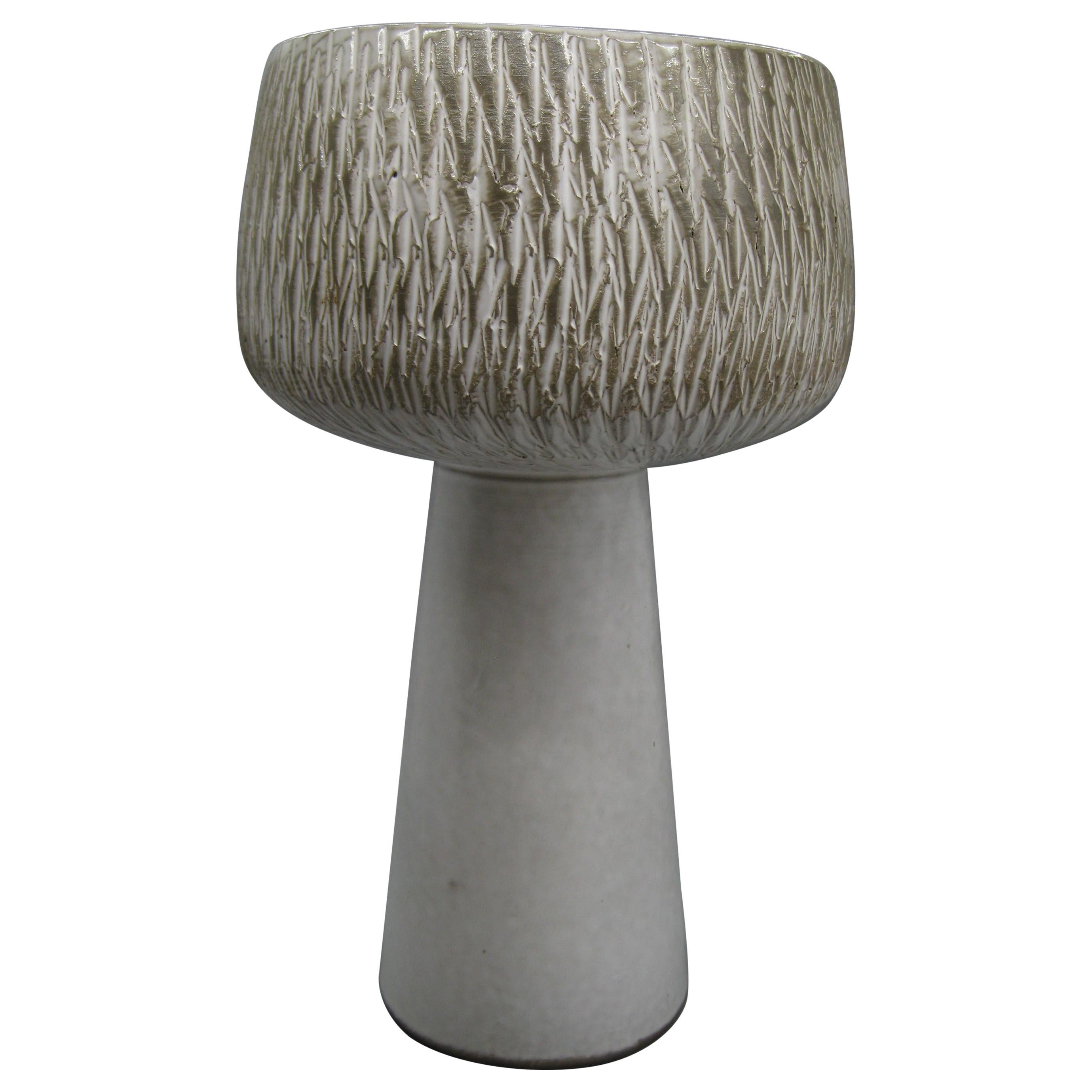 1960s Japanese Modernist Ikebana Ceramic Pottery Sgraffito Pedestal Vase Vessel