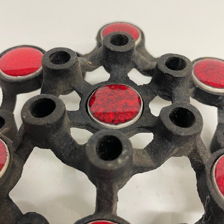 1960s Japanese Petite Twelve Candle Holder in Black Iron and Decorative Red Enamel For Sale at