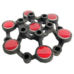 1960s Japanese Petite Twelve Candle Holder in Black Iron 
Decorative Red Enamel