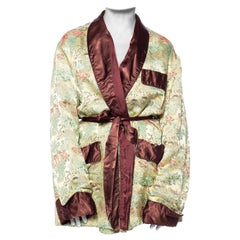 Vintage 1960S Rayon Jacquard Asian Landscape Patterned Men's Smoking Robe