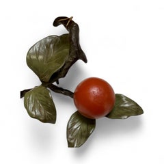 1960s Japanese Persimmons & Bird Painted Bronze Okimono / Sculpture Tole