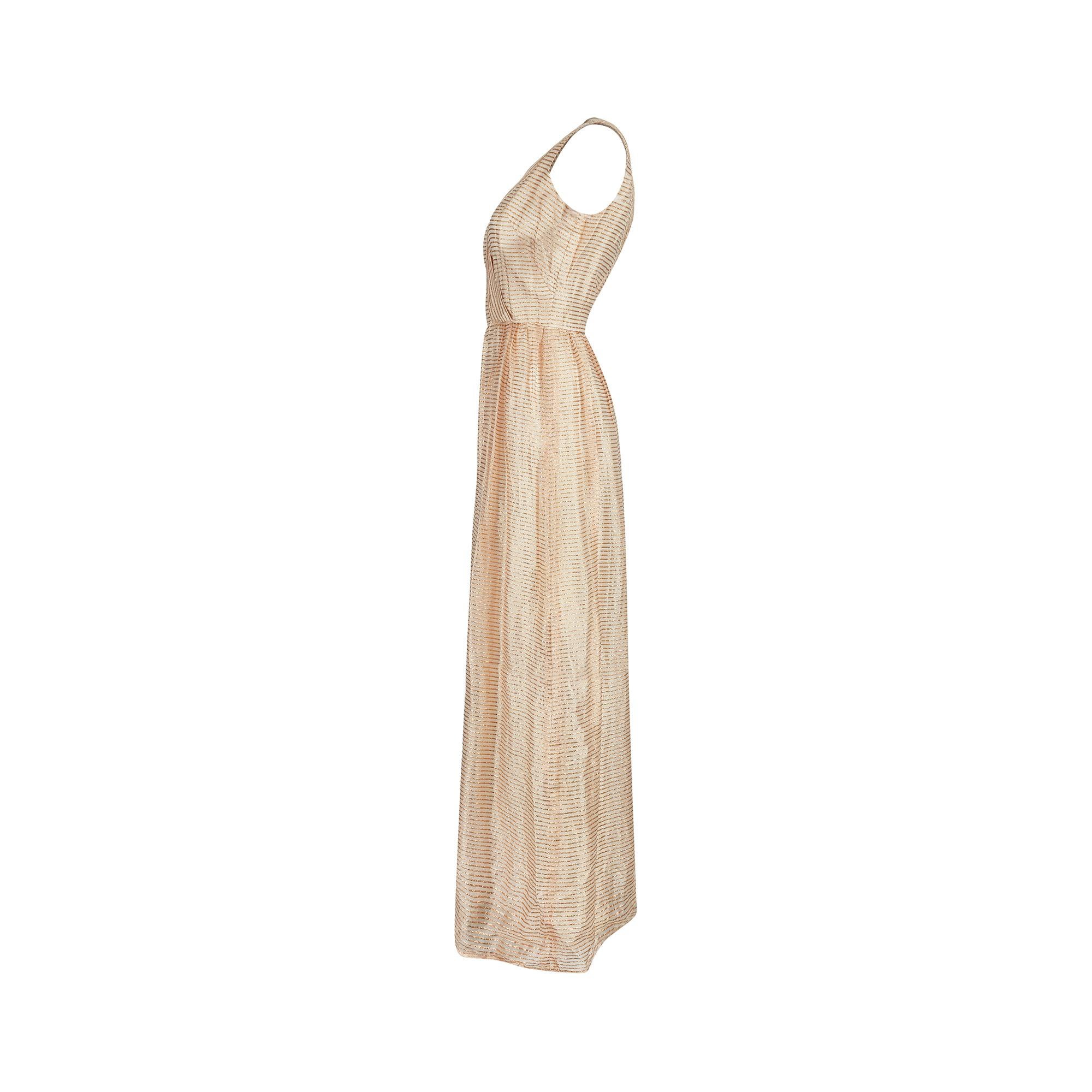 1960s Jean Allen Gold and Cream Lurex Maxi Dress In Excellent Condition For Sale In London, GB