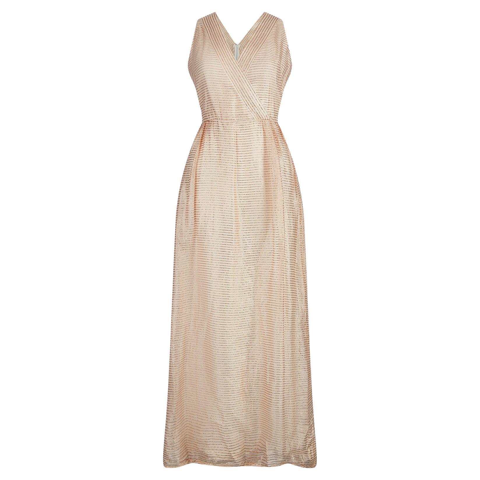 1960s Jean Allen Gold and Cream Lurex Maxi Dress For Sale