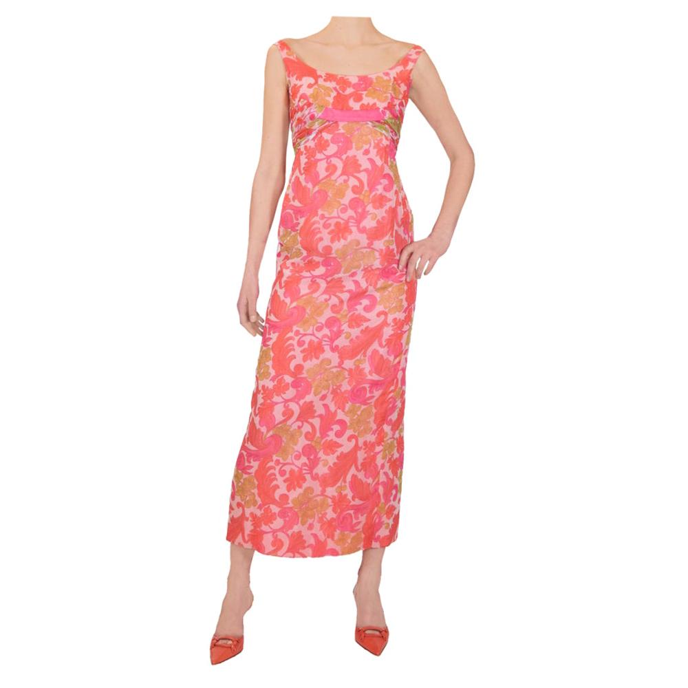 1960s Jean Allen London Psychedelic Floral Print Evening Dress For Sale