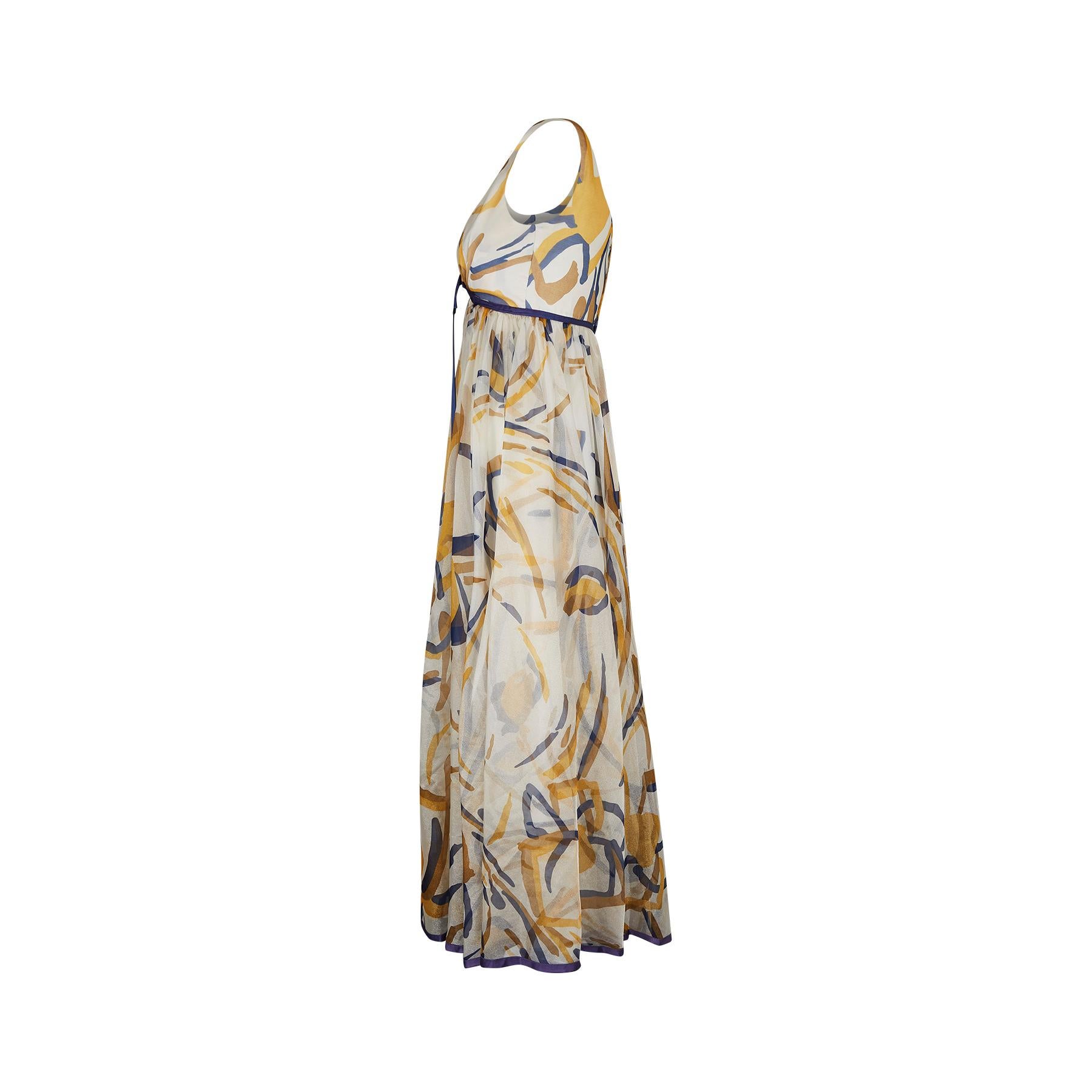Beige 1960s Jean Allen Organza Abstract Maxi Print Dress For Sale