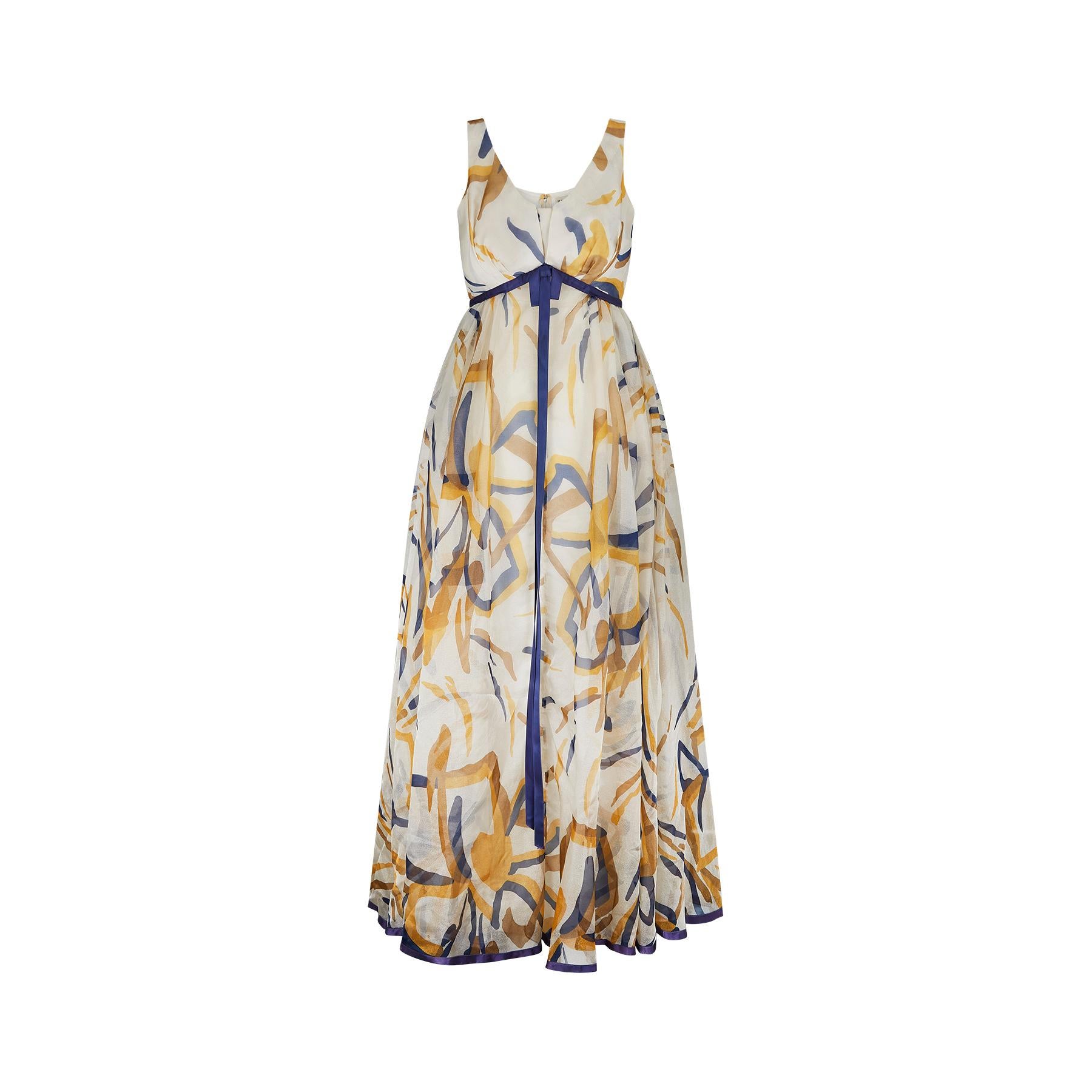 Maxi abito con stampa astratta in organza di Jean Allen del 1960 in vendita