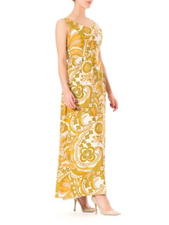 1960S JEAN ALLEN Yellow Cotton Pucci Style Psychedelic Printed Maxi Dress , Ful