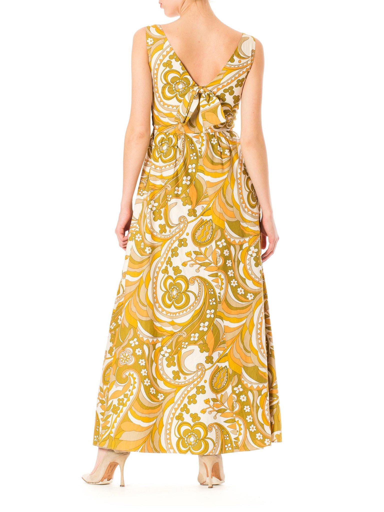 1960S JEAN ALLEN Yellow Cotton Pucci Style Psychedelic Printed Maxi Dress , Ful In Excellent Condition In New York, NY