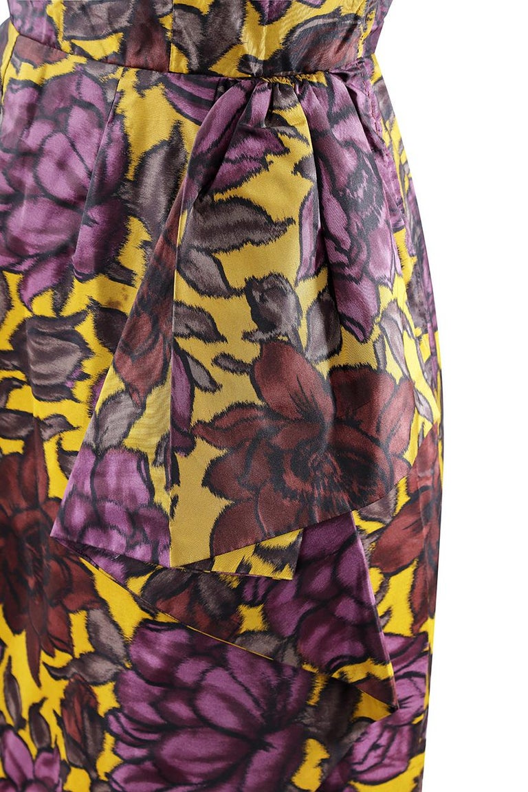 1960s Jean Desses Licensed Gold and Purple Silk Flower Print Dress at ...