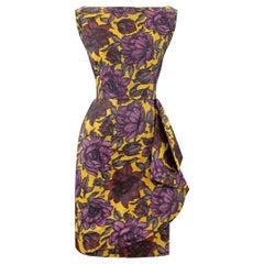1960s Jean Desses Licensed Gold and Purple Silk Flower Print Dress