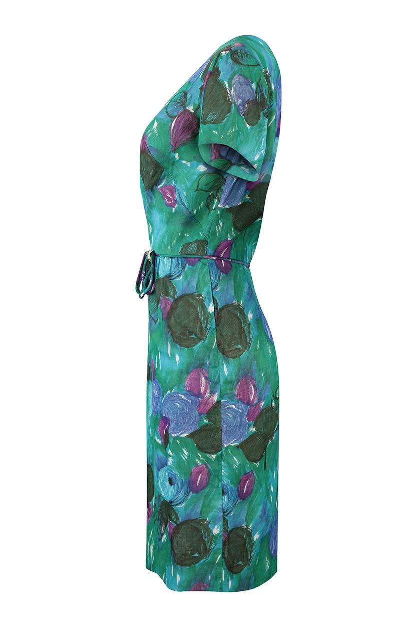 Vert Robe à fleurs en coton vert Jean Lang des années 1960 en vente