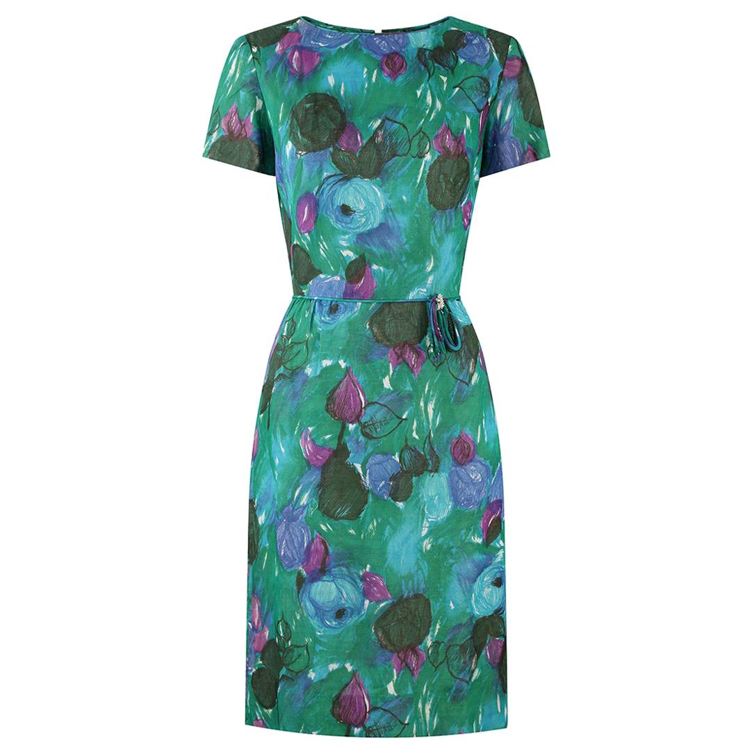 Robe à fleurs en coton vert Jean Lang des années 1960