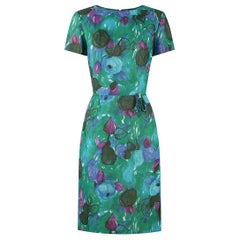 Vestido floral de algodón verde Jean Lang, años 60