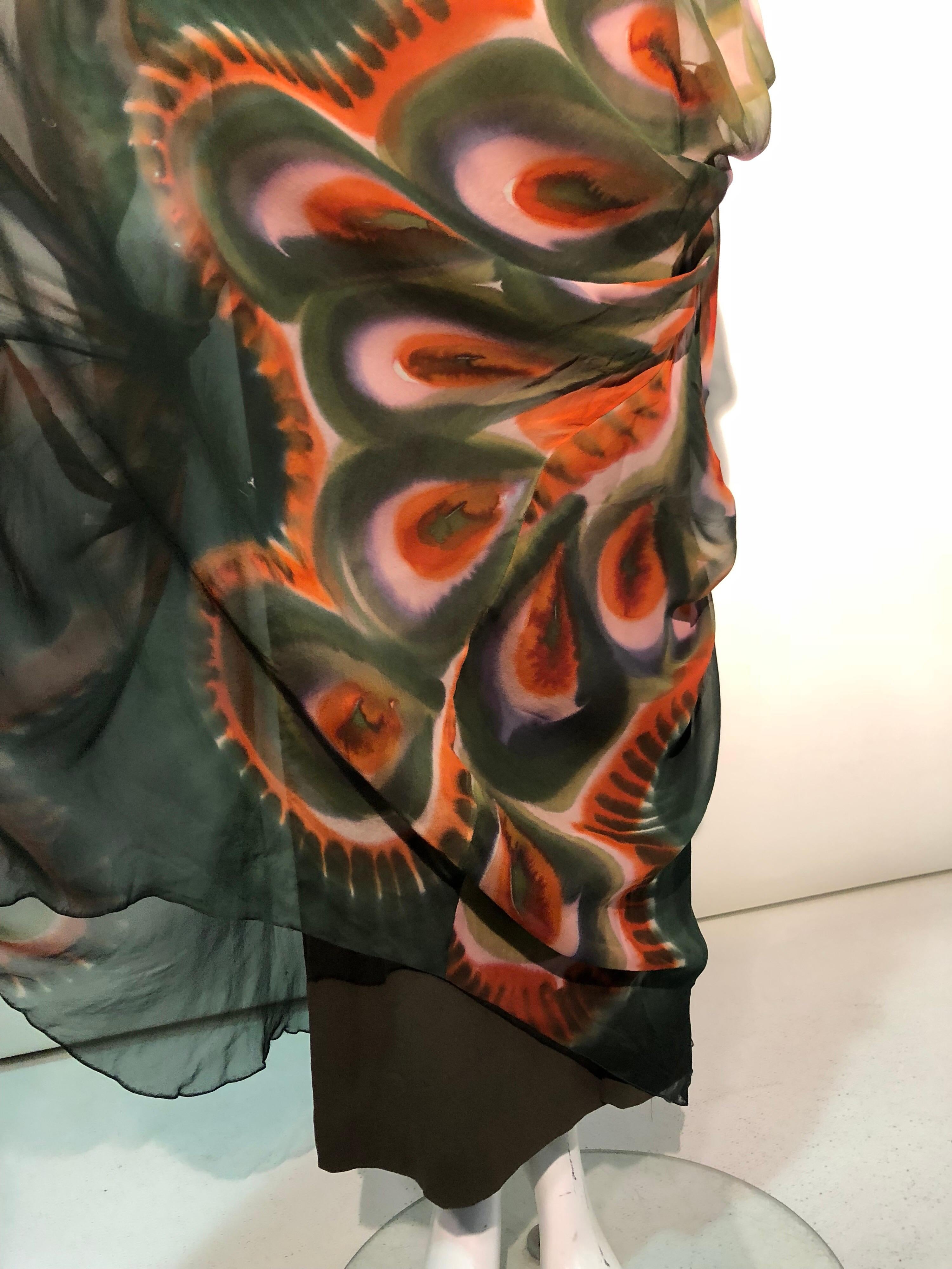 1960s Jean Louis Deep Moss Green Silk Gown W/ Hand Painted Caftan Sleeves For Sale 5