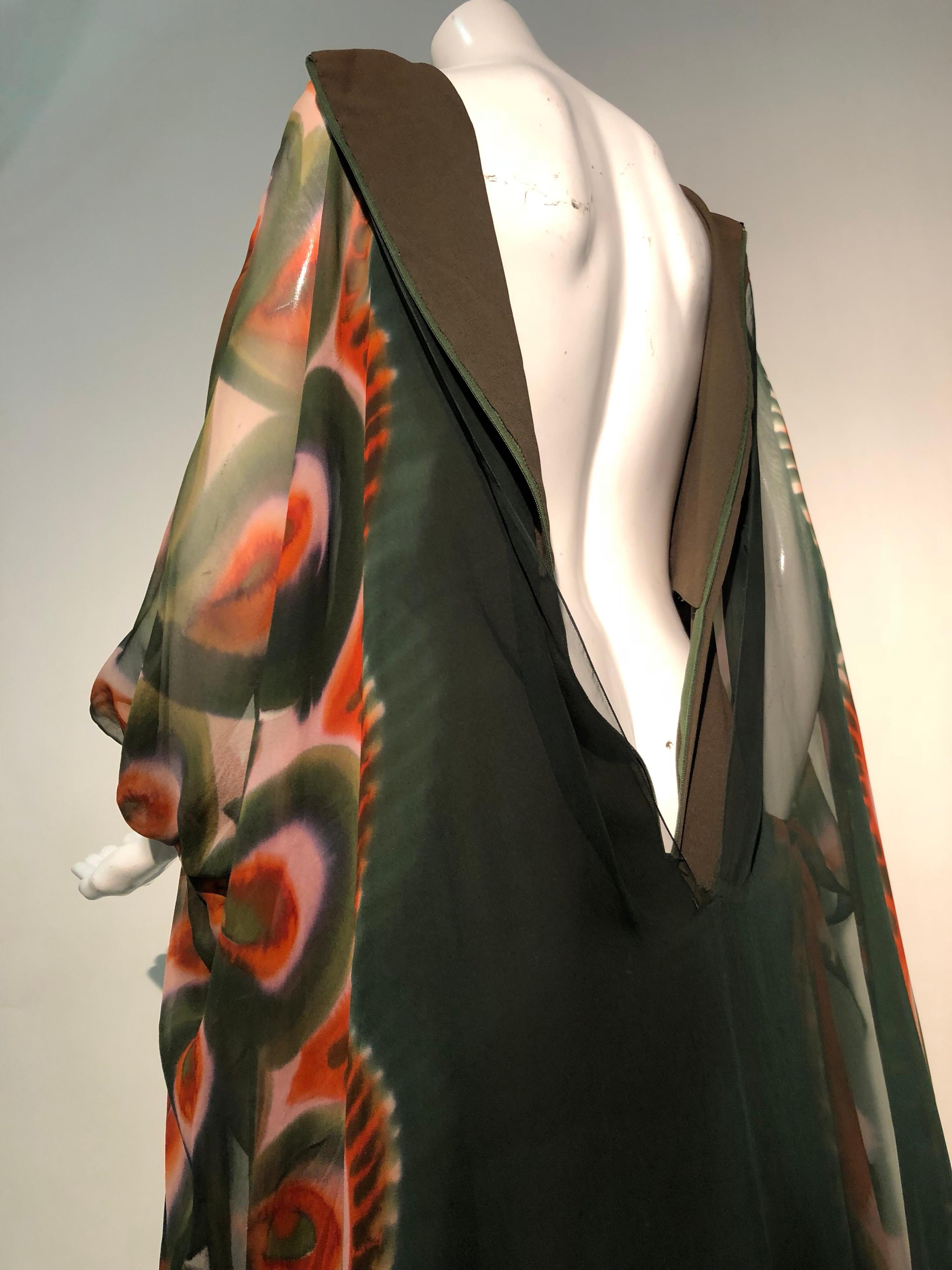 1960s Jean Louis Deep Moss Green Silk Gown W/ Hand Painted Caftan Sleeves For Sale 8
