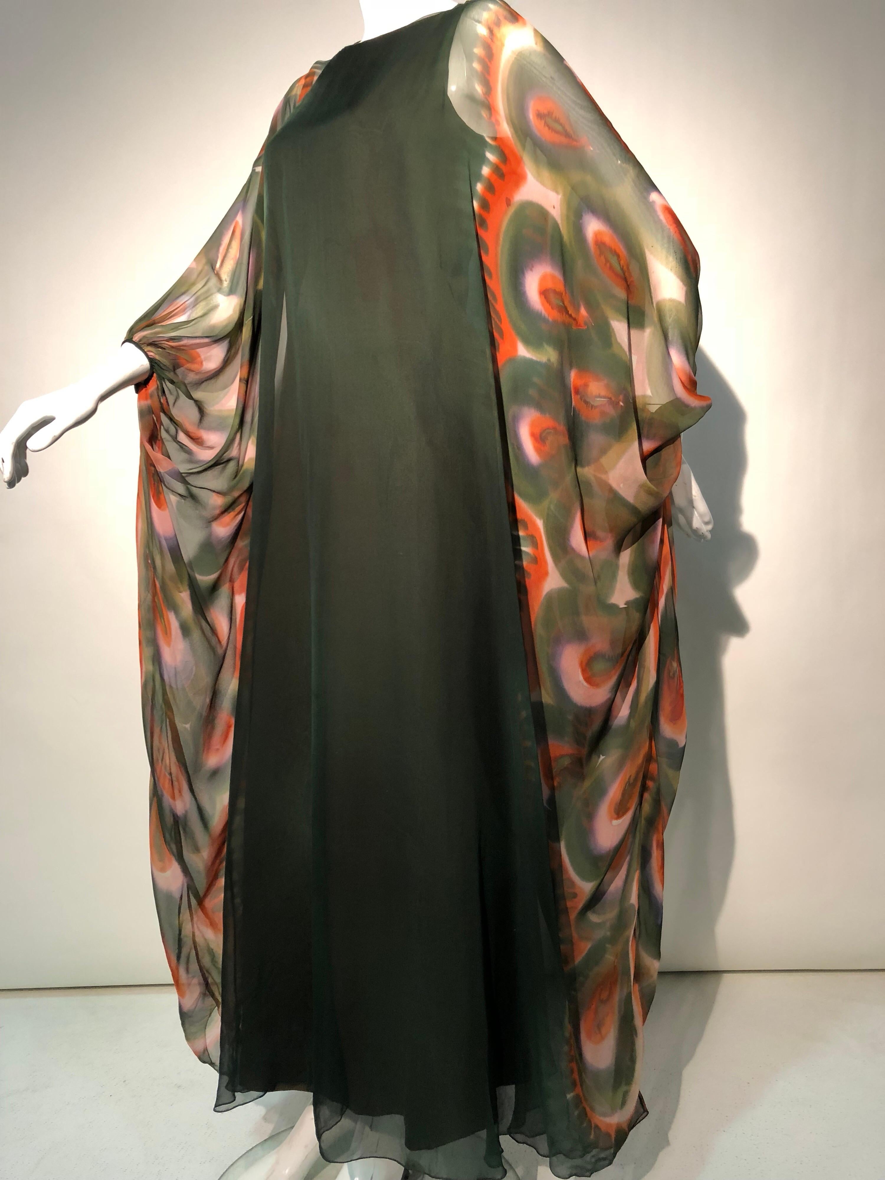 1960s Jean Louis Deep Moss Green Silk Gown W/ Hand Painted Caftan Sleeves For Sale 11