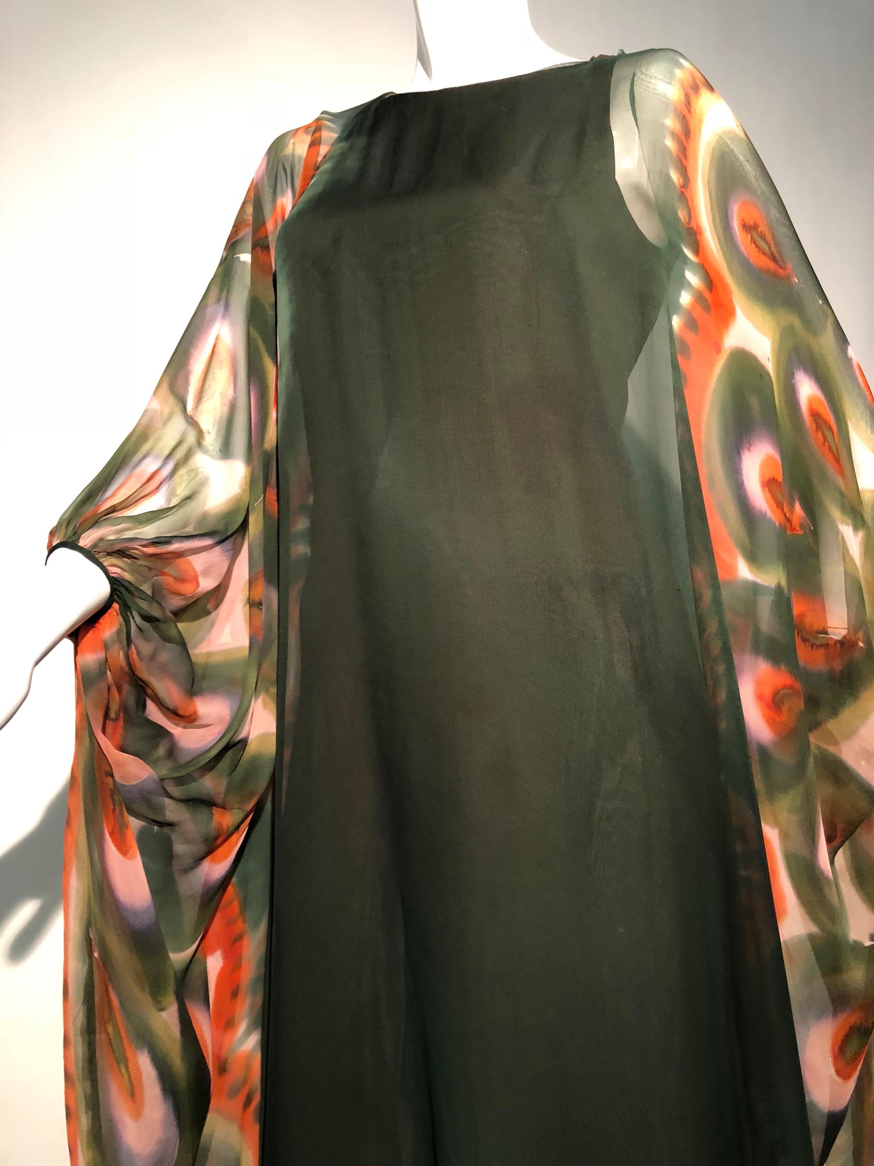 Black 1960s Jean Louis Deep Moss Green Silk Gown W/ Hand Painted Caftan Sleeves For Sale