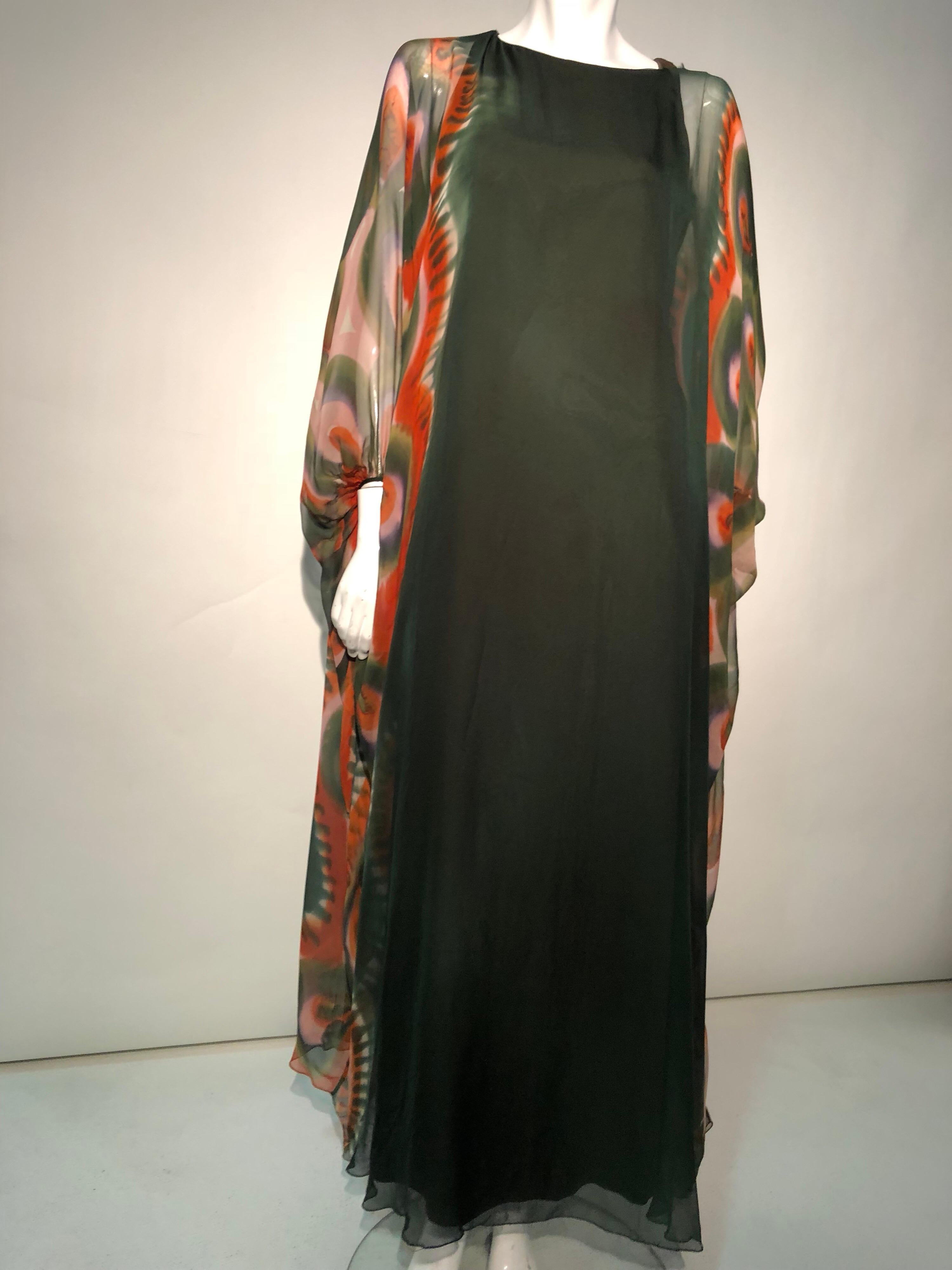 1960s Jean Louis Deep Moss Green Silk Gown W/ Hand Painted Caftan Sleeves In Excellent Condition For Sale In Gresham, OR